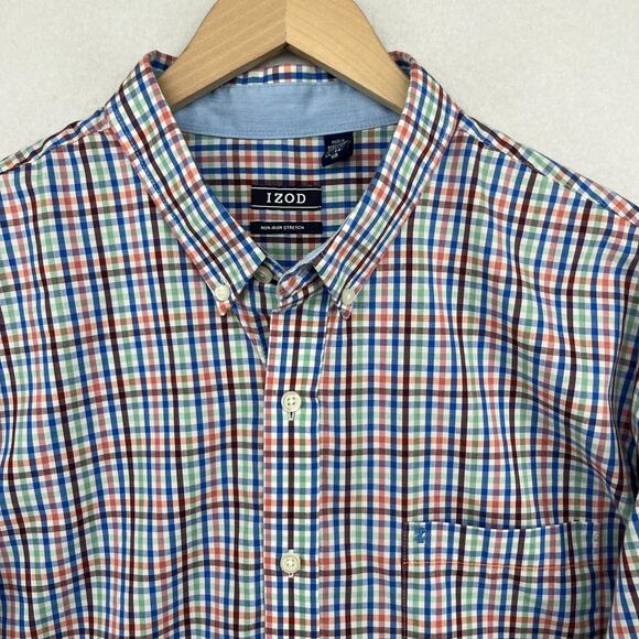 IZOD Shirt Mens XL Non Iron Stretch Poplin Plaid Button Up Cotton Blend Blue - Picture 5 of 15